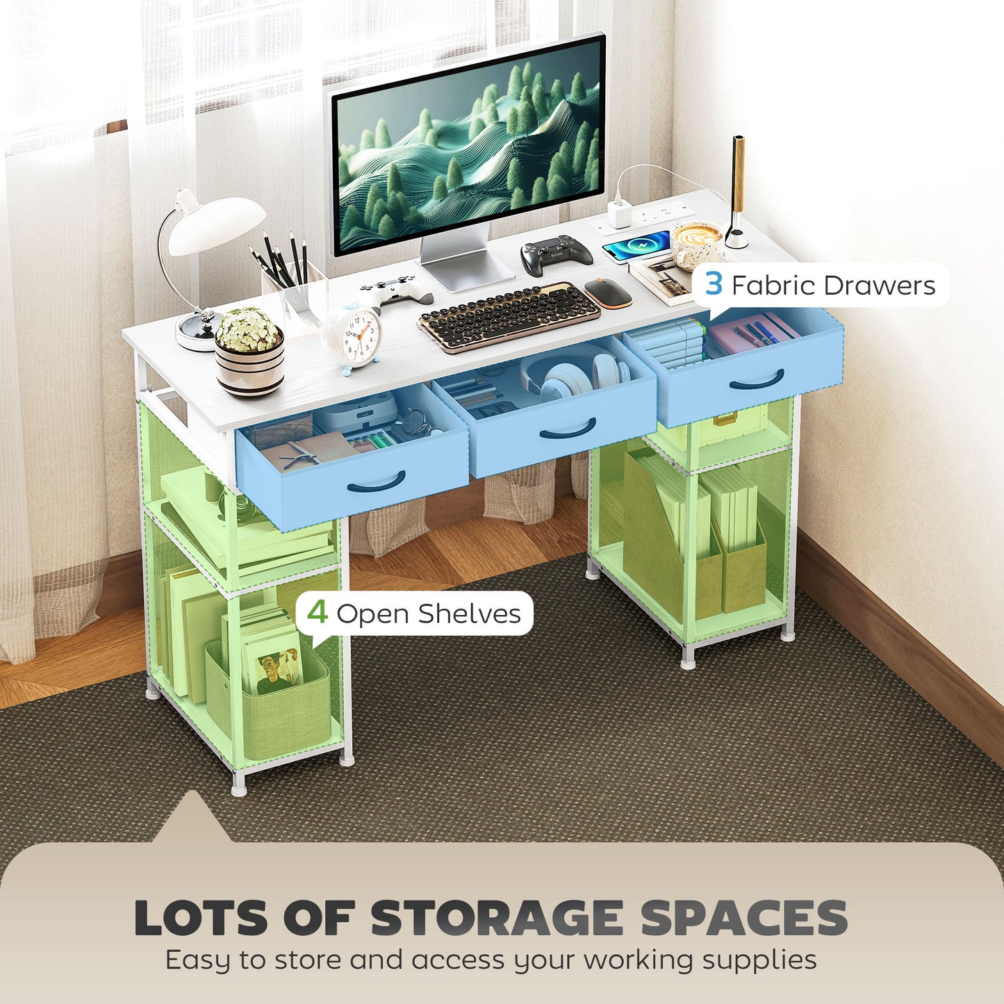 HOMCOM 120cm Computer Desk with Power Outlets, Office Desk Study Table with 3 Fabric Drawers and 4 Storage Shelves, White