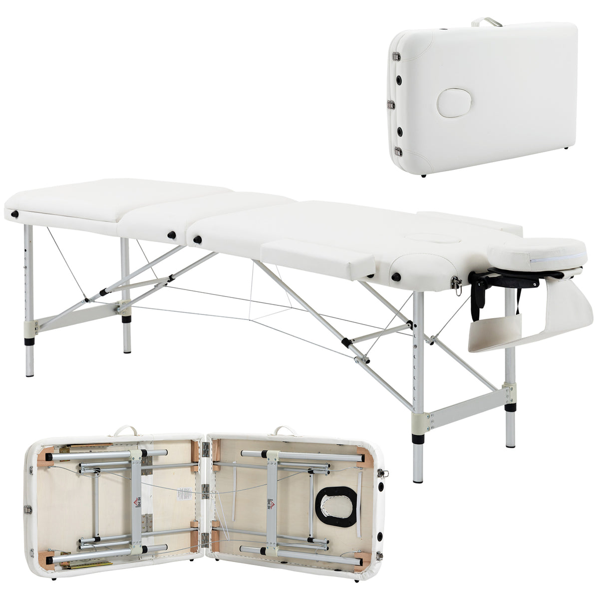 White portable massage table shown open and folded, with its aluminum frame exposed