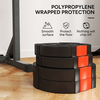 Stack of black SPORTNOW weight plates with red accents and protective coating