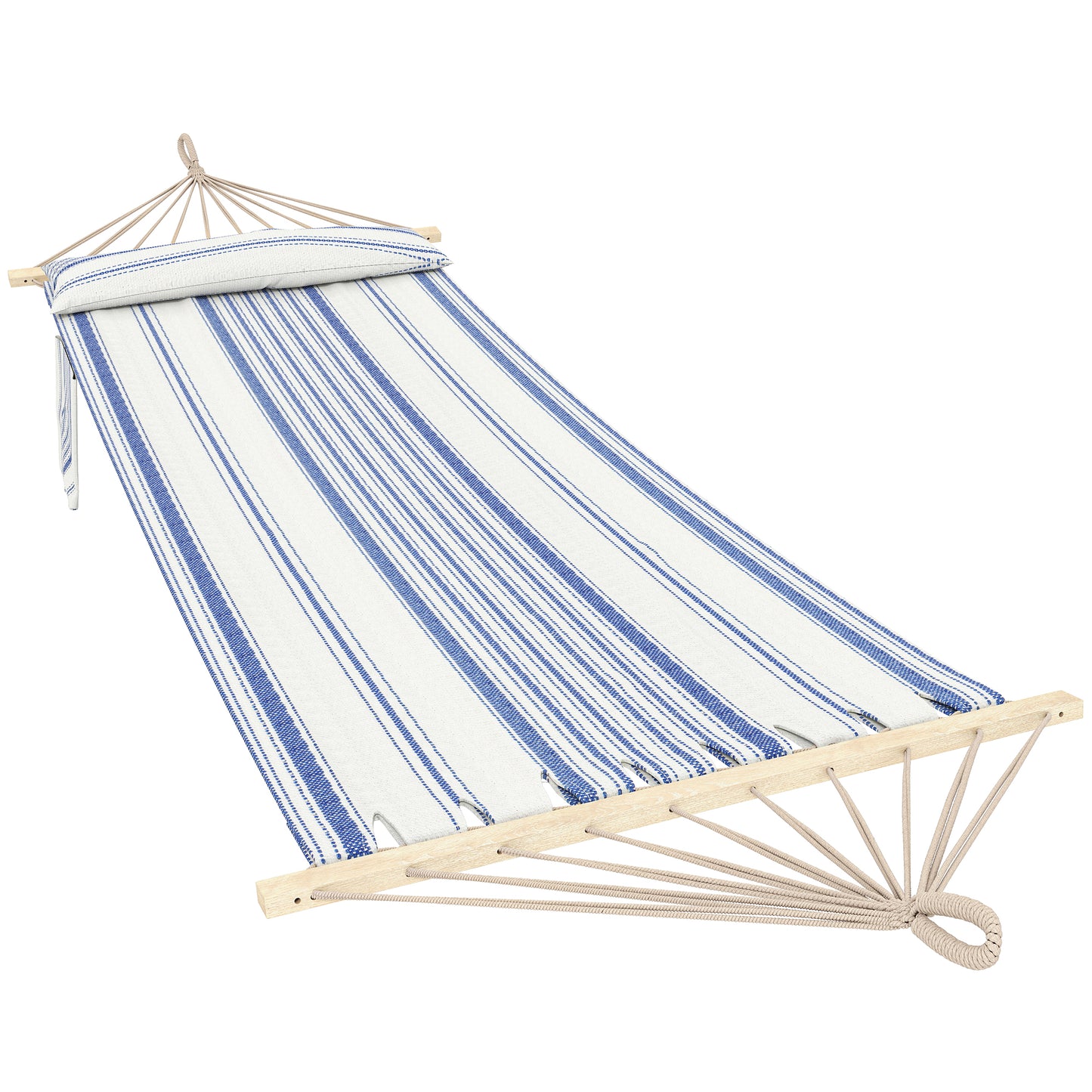 Photo of Outsunny Cotton Hammock, Soft Portable Swing Sleeping w/ Headrest & Side Pocket, Blue and White in White colour on a white background