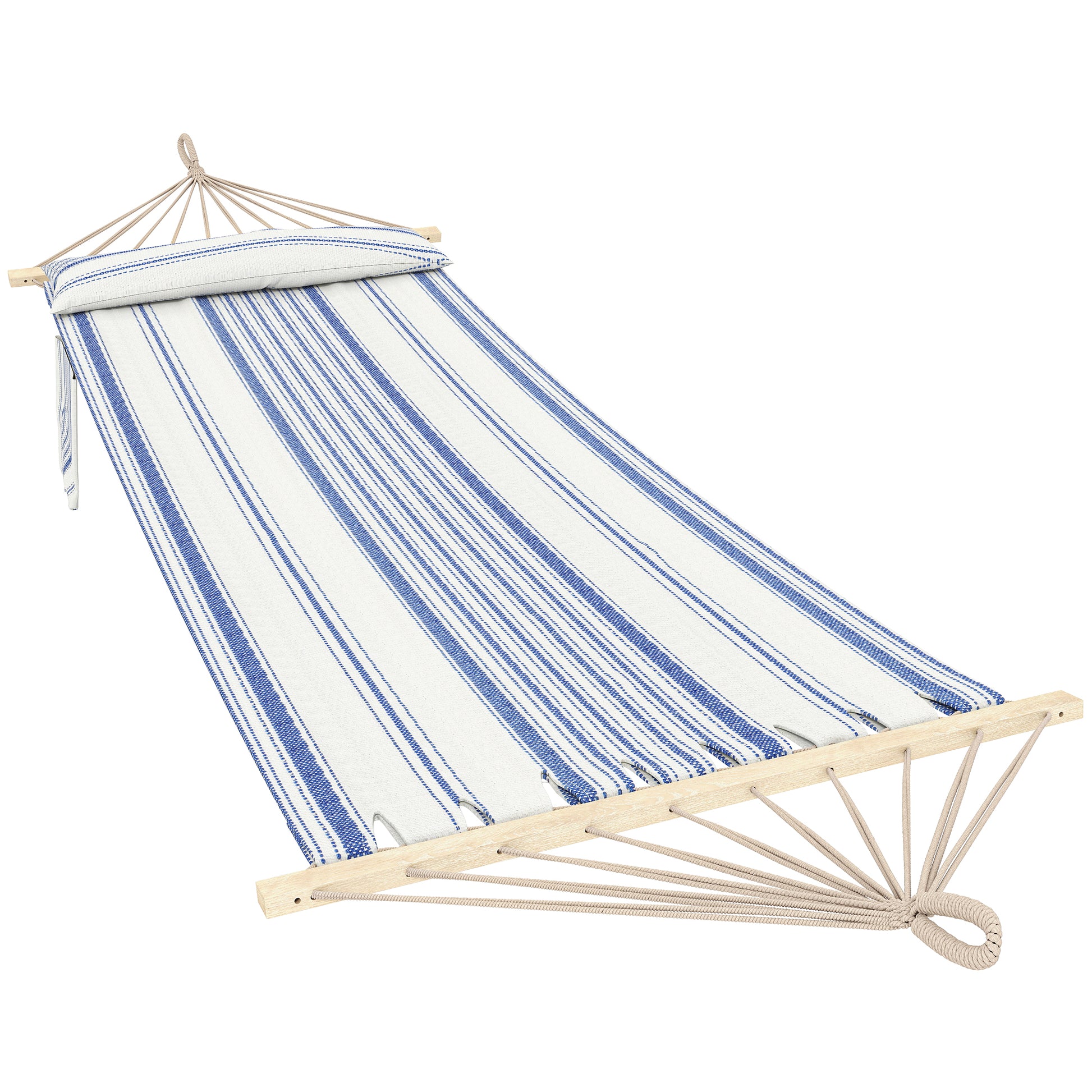Photo of Outsunny Cotton Hammock, Soft Portable Swing Sleeping w/ Headrest & Side Pocket, Blue and White in White colour on a white background