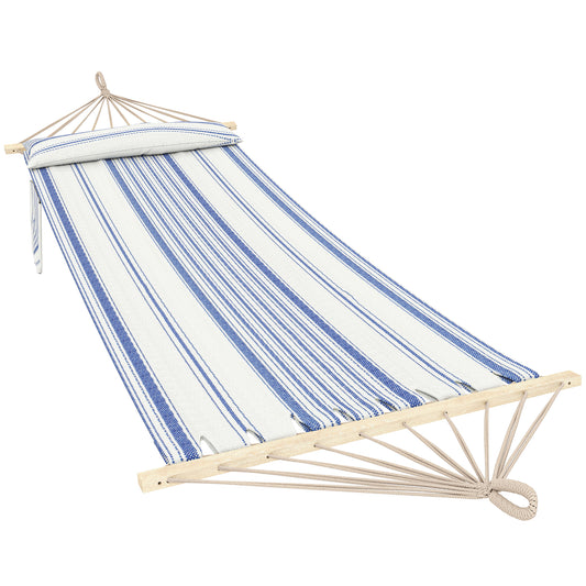 Photo of Outsunny Cotton Hammock, Soft Portable Swing Sleeping w/ Headrest & Side Pocket, Blue and White in White colour on a white background
