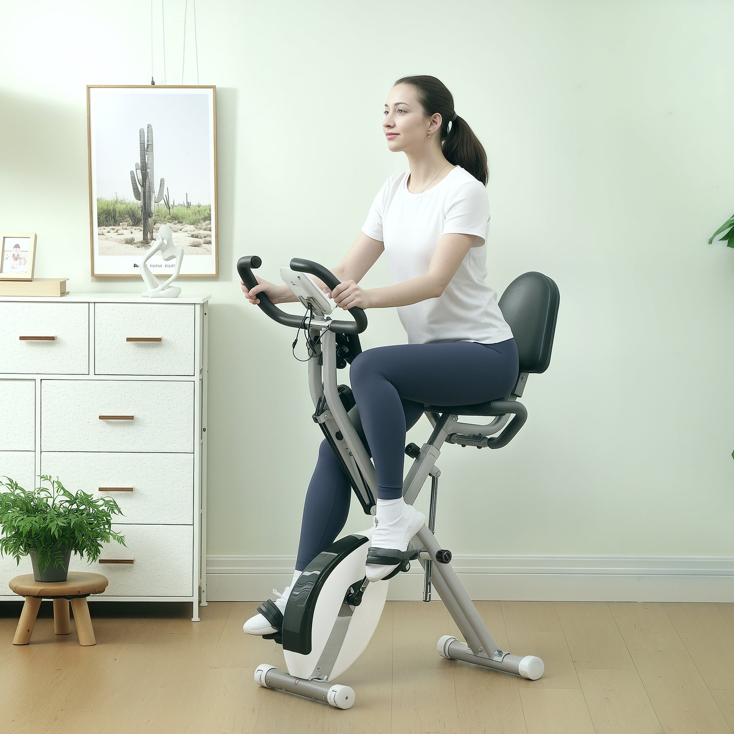 SPORTNOW Five-in-one Foldable Exercise Bike, Stationary Bike with Arm Workout Bands, LDC Monitor, Phone Holder, White