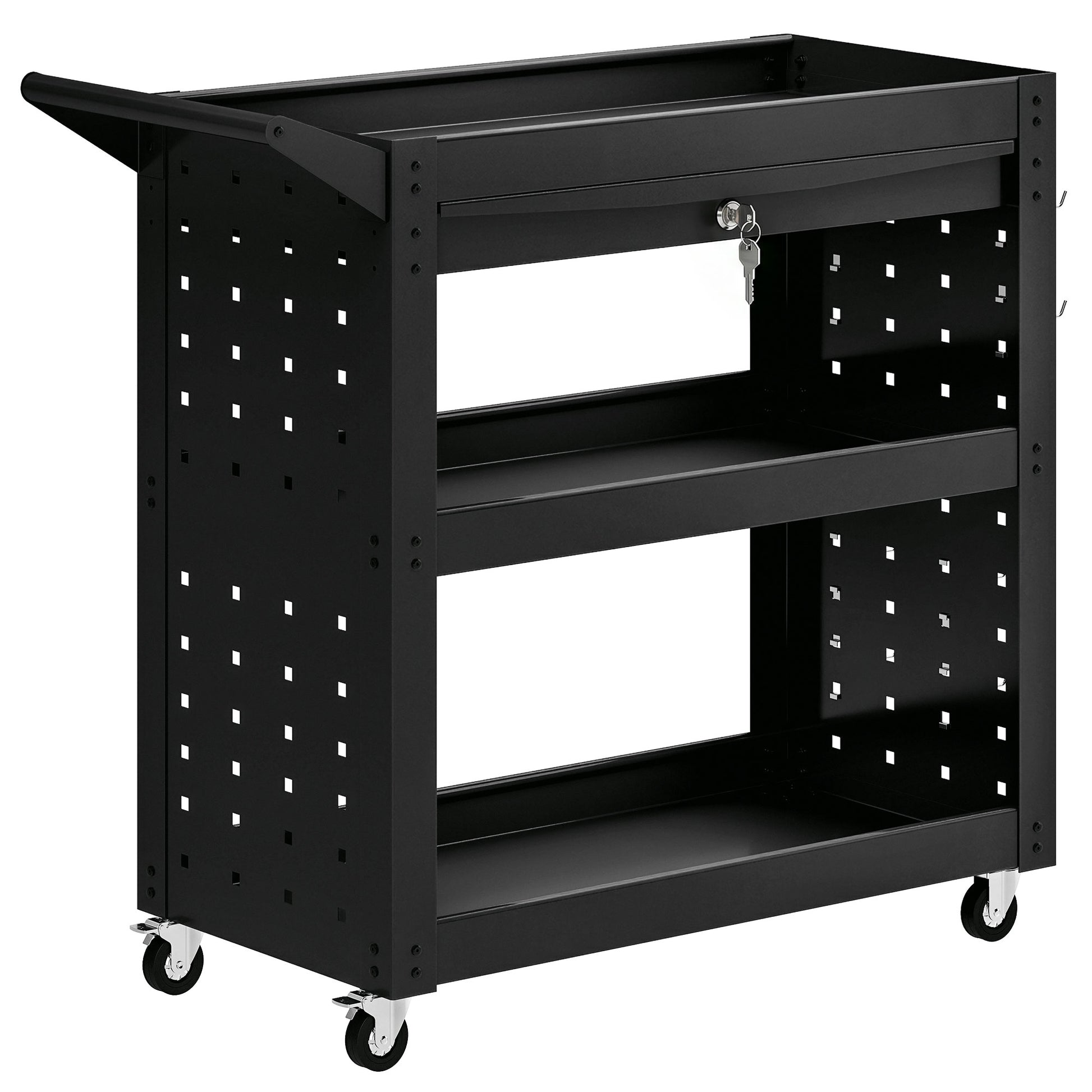 Photo of HOMCOM Tool Cart with Lockable Wheels, Rolling Workshop Cart with 3-Tier Trays, Drawer, Pegboards, Black in Black colour on a white background