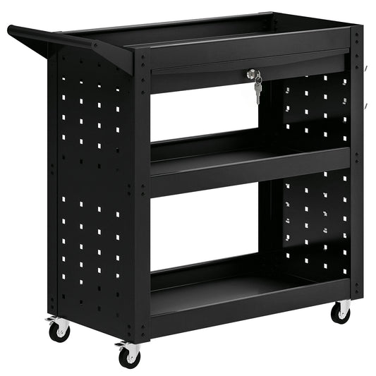 Photo of HOMCOM Tool Cart with Lockable Wheels, Rolling Workshop Cart with 3-Tier Trays, Drawer, Pegboards, Black in Black colour on a white background