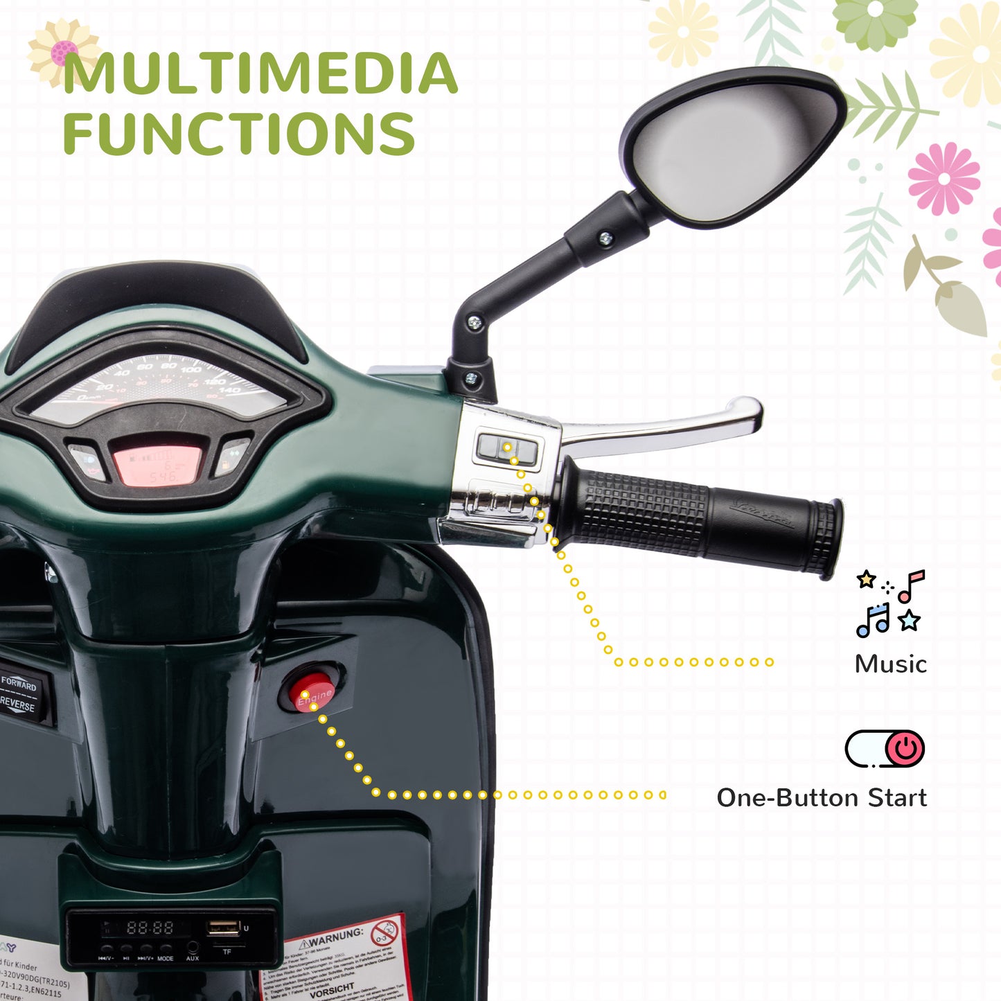 AIYAPLAY 12V Vespa Licensed Kids Electric Motorbike w/ Music, Lights, FM Radio, for 3-6 Years - Green