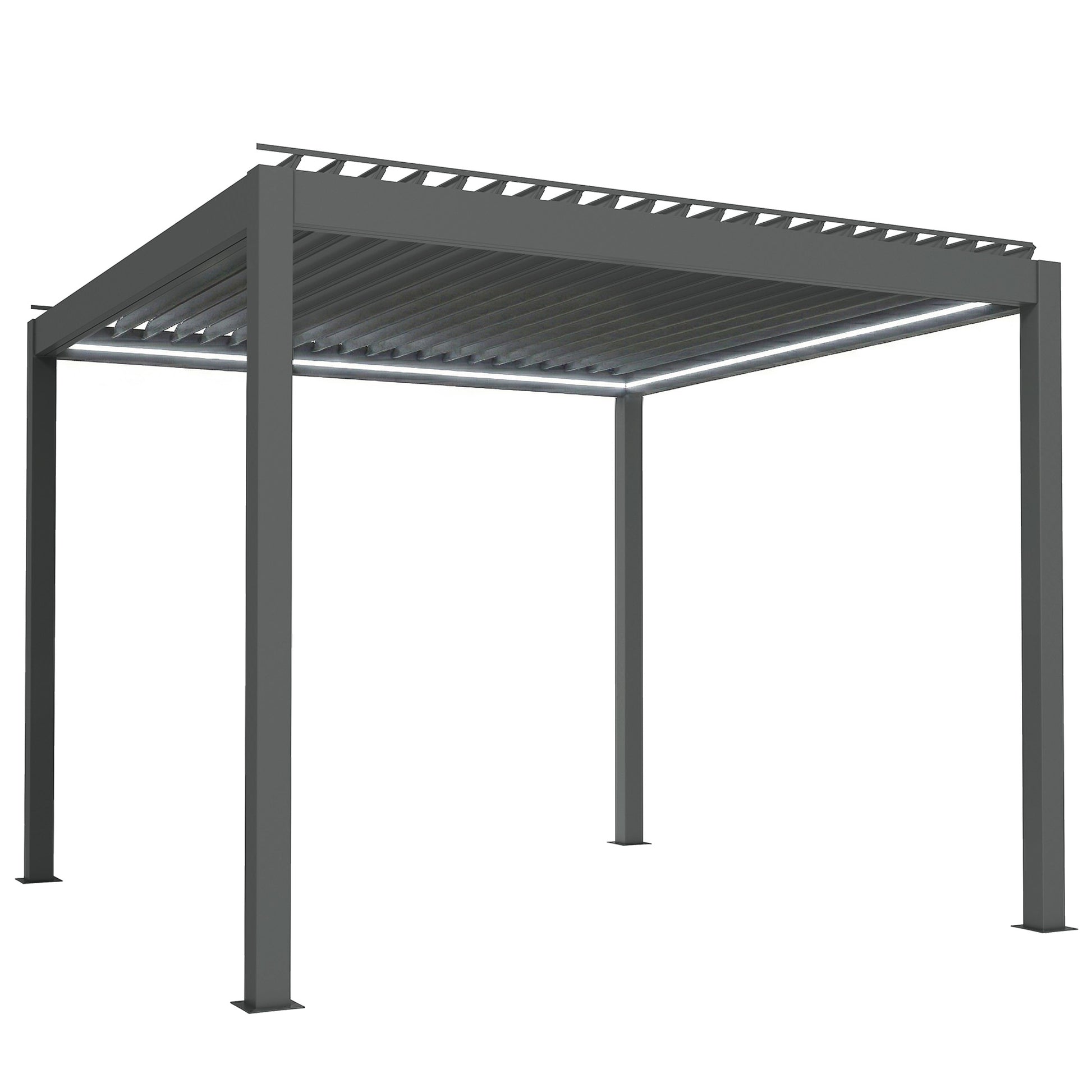 Photo of Outsunny 3 x 3(m) Electric Louvered Pergola with LED Lights, Aluminium Pergola Hardtop Gazebo with Remote, Adjustable Roof and Drainage System, Water and UV Proof in Proof colour on a white background