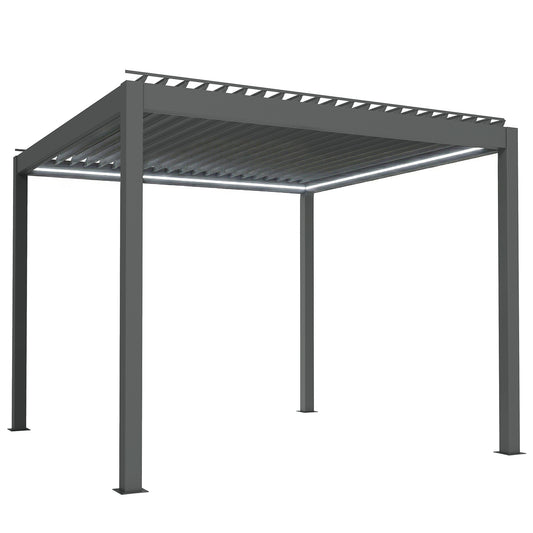 Photo of Outsunny 3 x 3(m) Electric Louvered Pergola with LED Lights, Aluminium Pergola Hardtop Gazebo with Remote, Adjustable Roof and Drainage System, Water and UV Proof in Proof colour on a white background