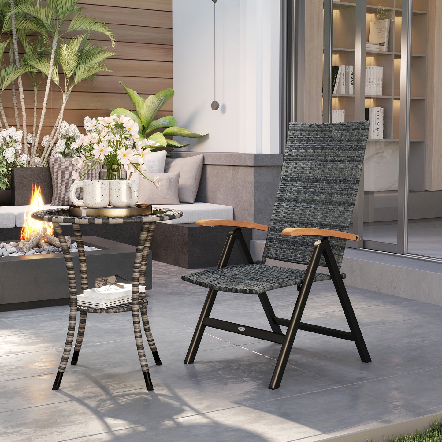 Outsunny Folding Rattan Garden Dining Chair with 5-level Reclining High Back, Wood Armrests for Outdoor, Patio - Mixed-grey