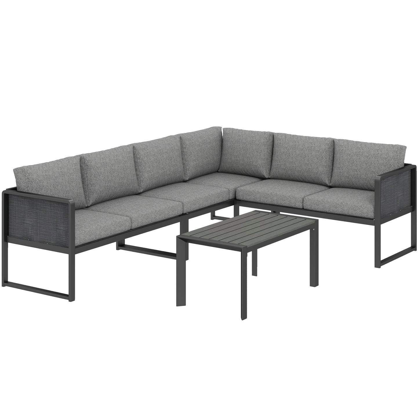 Photo of Outsunny 6 Seater Metal Garden Furniture Corner Sofa Set with 3 Loveseats, Faux Wood Table, Texteline Seat, Cushions, Dark Grey in Grey colour on a white background