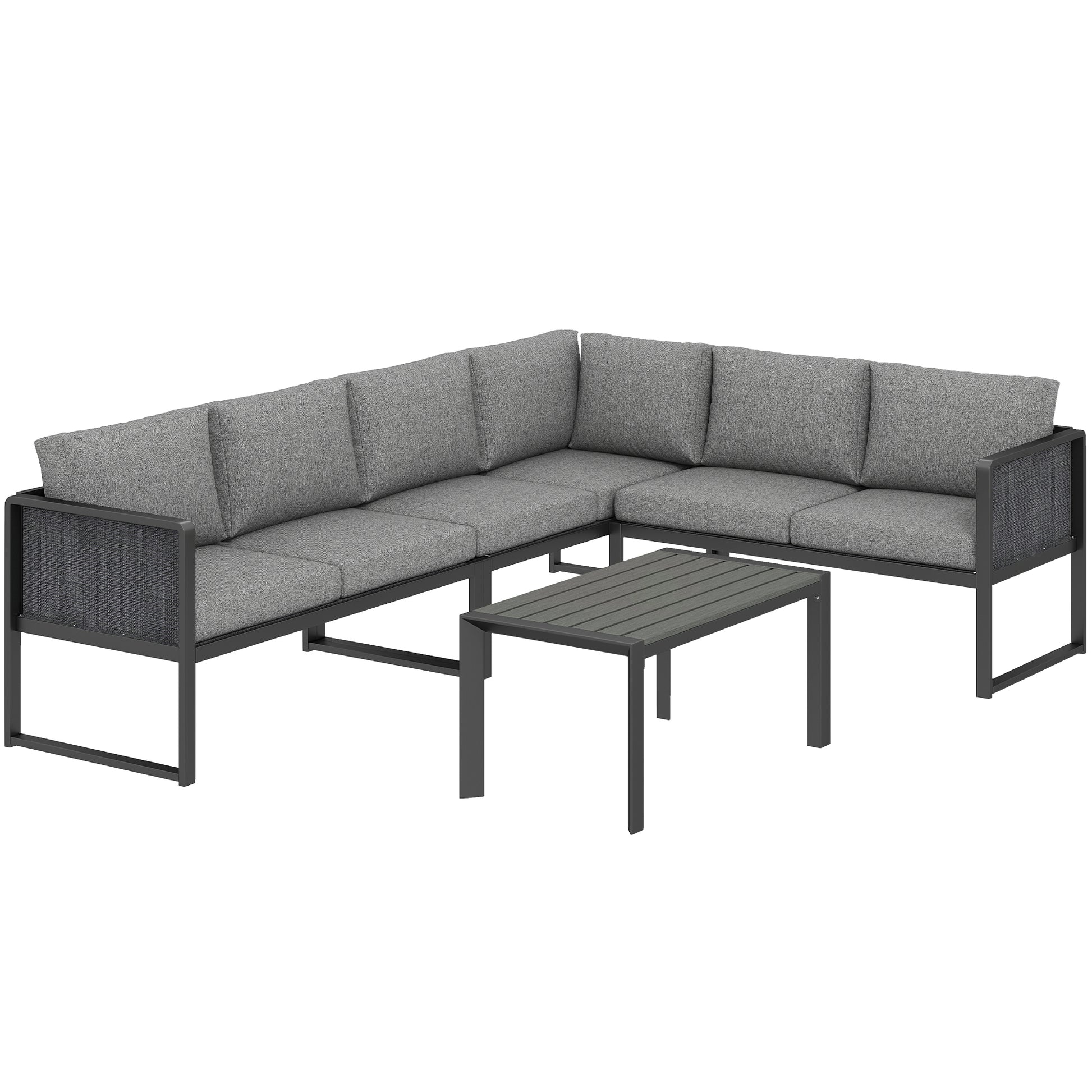 Photo of Outsunny 6 Seater Metal Garden Furniture Corner Sofa Set with 3 Loveseats, Faux Wood Table, Texteline Seat, Cushions, Dark Grey in Grey colour on a white background