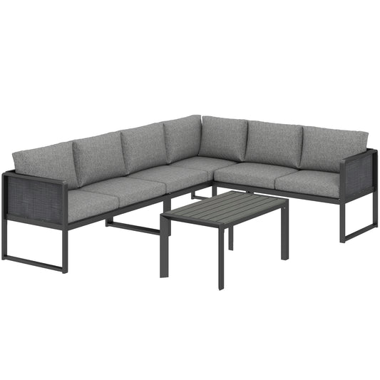 Photo of Outsunny 6 Seater Metal Garden Furniture Corner Sofa Set with 3 Loveseats, Faux Wood Table, Texteline Seat, Cushions, Dark Grey in Grey colour on a white background