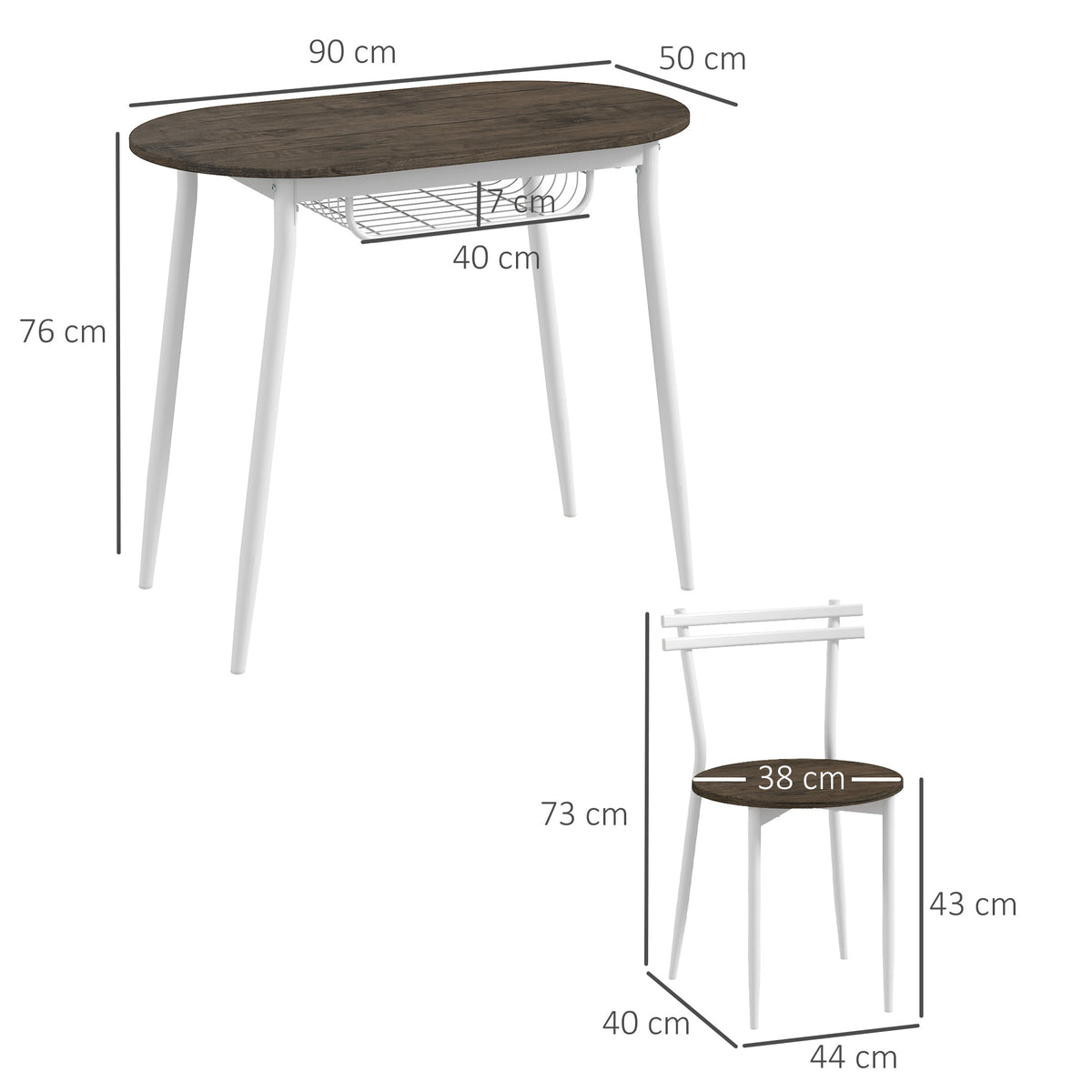 Oval dining table and chair with dimensions shown; dark wood-look tops, white frames, wire shelf