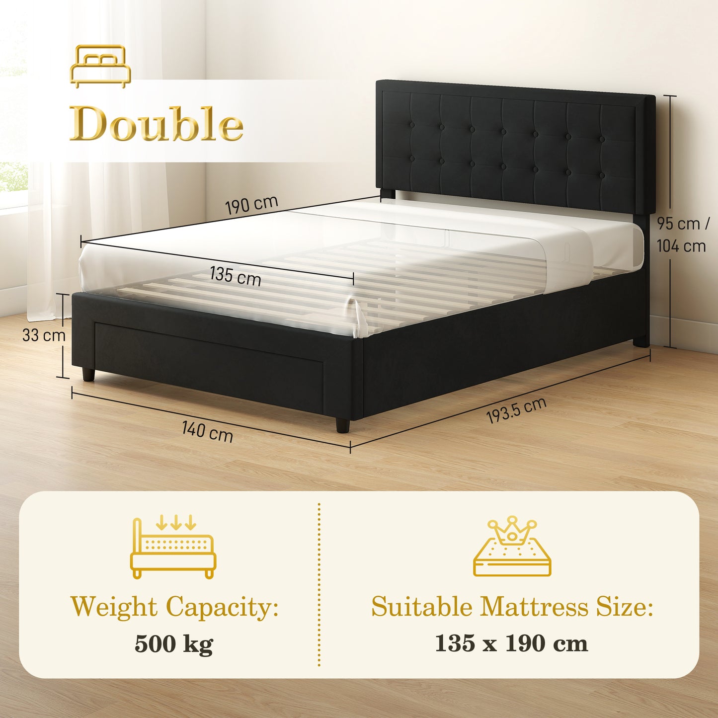 HOMCOM Double Ottoman Bed Frame, with Front Drawer - Black