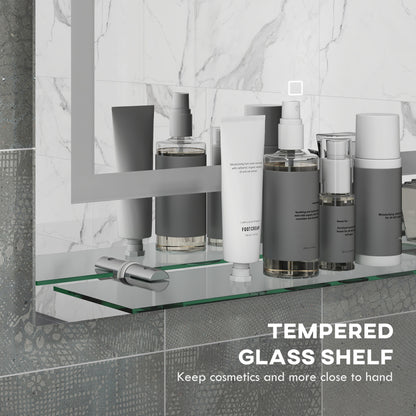 Bathroom mirror with tempered glass shelf for cosmetics