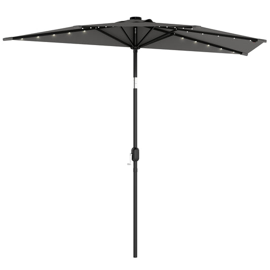 Photo of Outsunny 2.6 m Half Garden Parasol with Solar LED Lights, UPF50+ Semi Round Umbrella with 30° Tilt, Crank Handle, Dark Grey in Grey colour on a white background