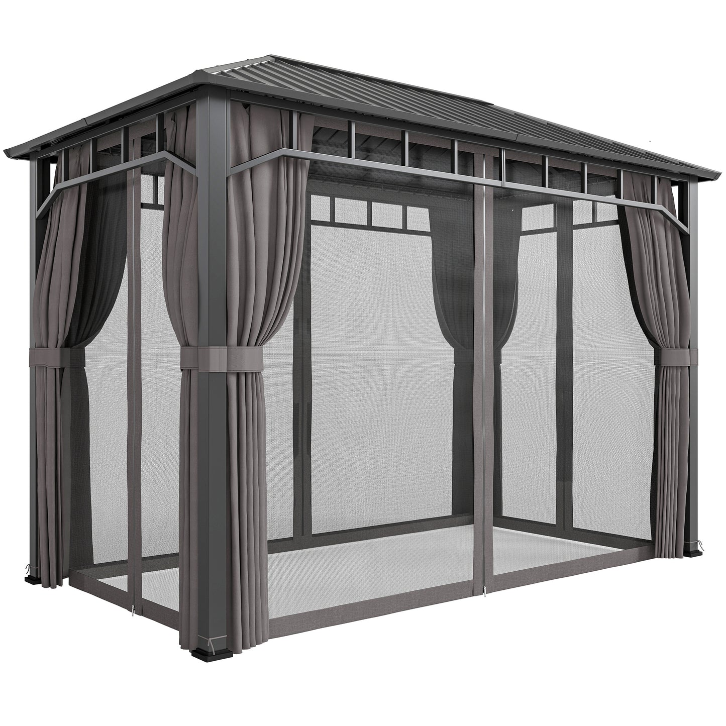 Photo of Outsunny 2 x 3.5 m Hardtop Gazebo with Galvanised Steel Roof, Waterproof Permanent Pavilion Garden Gazebo with Netting and Curtains for Patio, Deck, Dark Grey in Grey colour on a white background