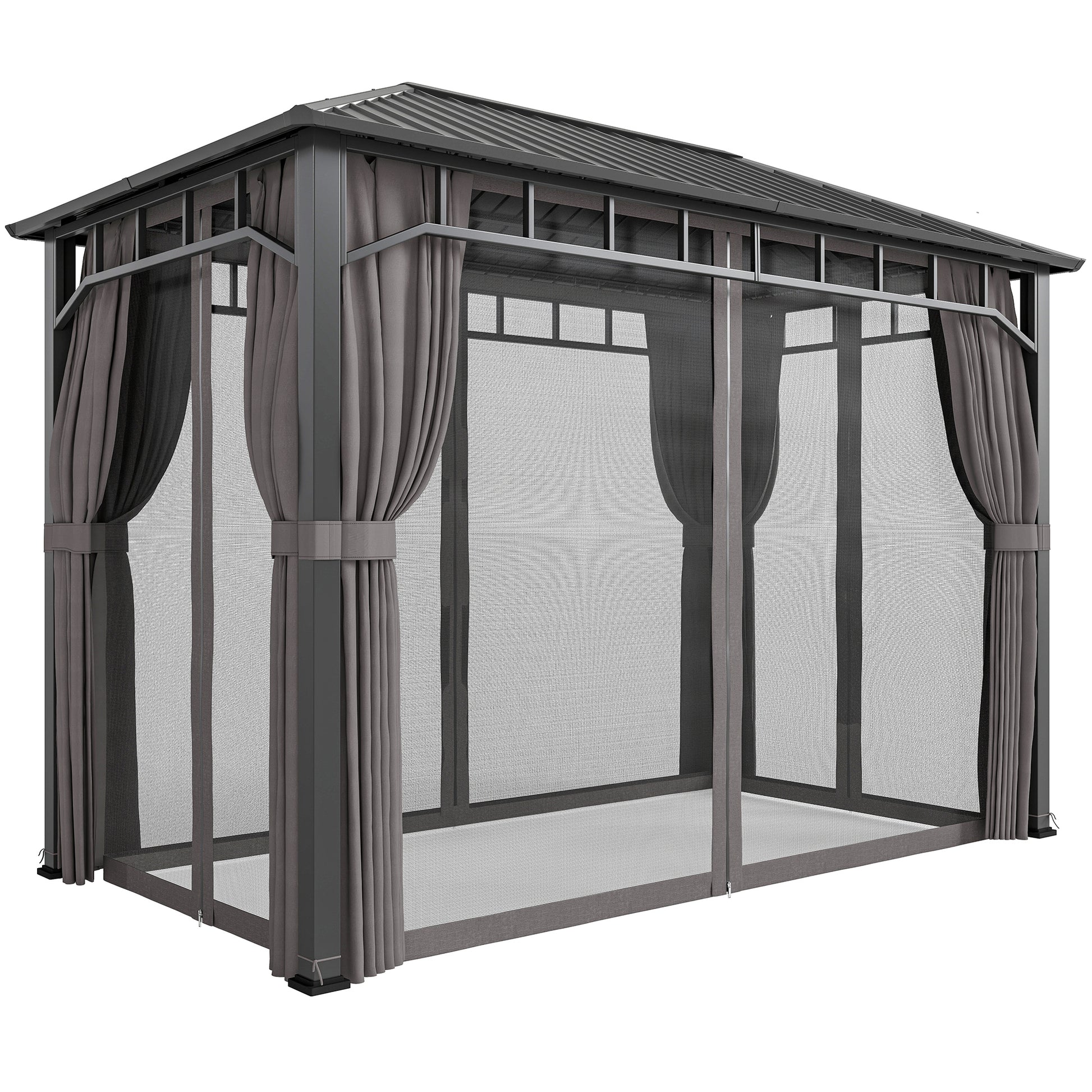 Photo of Outsunny 2 x 3.5 m Hardtop Gazebo with Galvanised Steel Roof, Waterproof Permanent Pavilion Garden Gazebo with Netting and Curtains for Patio, Deck, Dark Grey in Grey colour on a white background