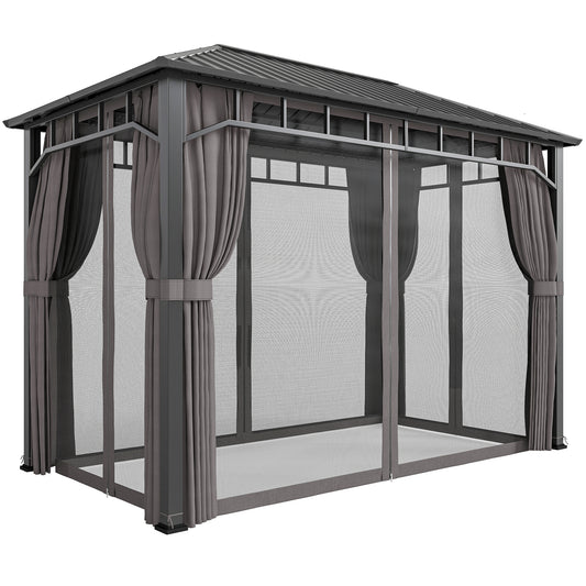 Photo of Outsunny 2 x 3.5 m Hardtop Gazebo with Galvanised Steel Roof, Waterproof Permanent Pavilion Garden Gazebo with Netting and Curtains for Patio, Deck, Dark Grey in Grey colour on a white background