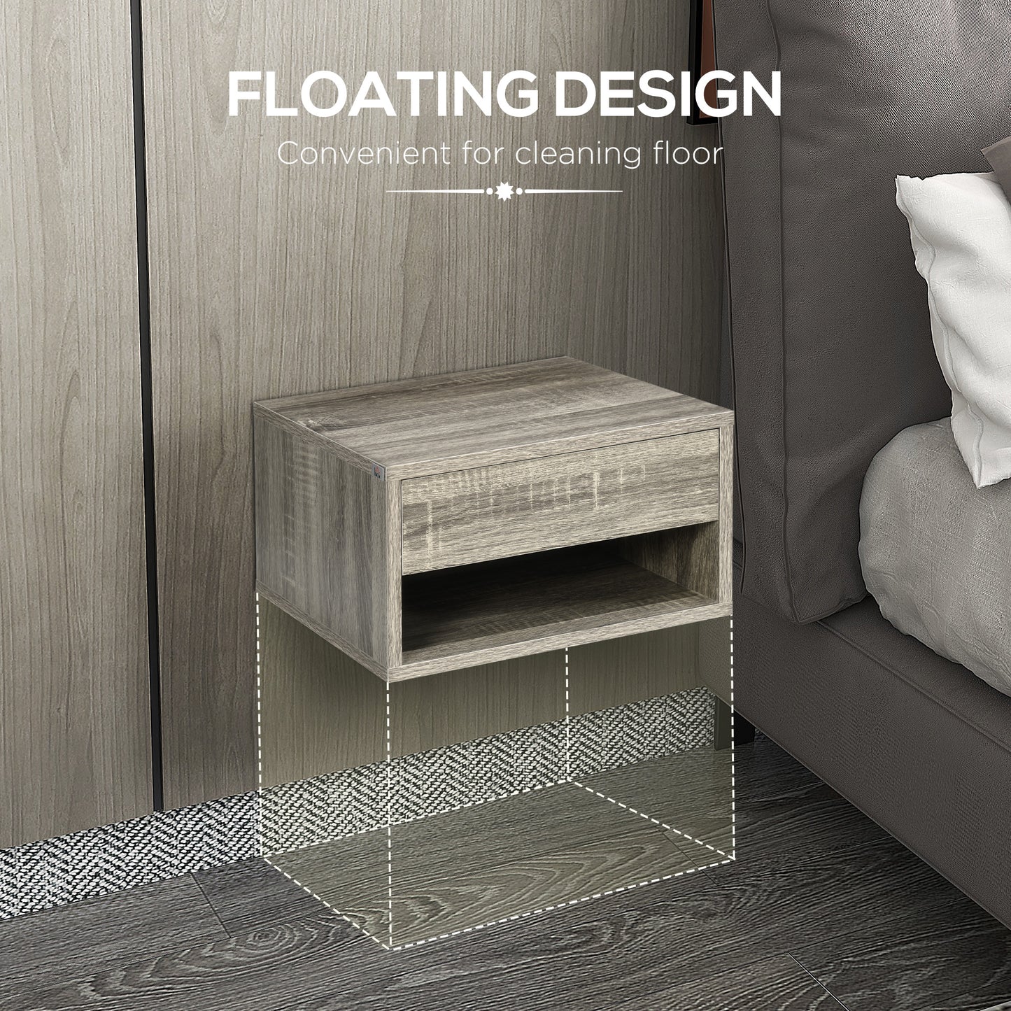 HOMCOM Floating Bedside Tables Set of 2, Wall Mounted Nightstand, Grey Wood Effect