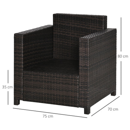 Brown rattan armchair without cushions, with dimensions marked