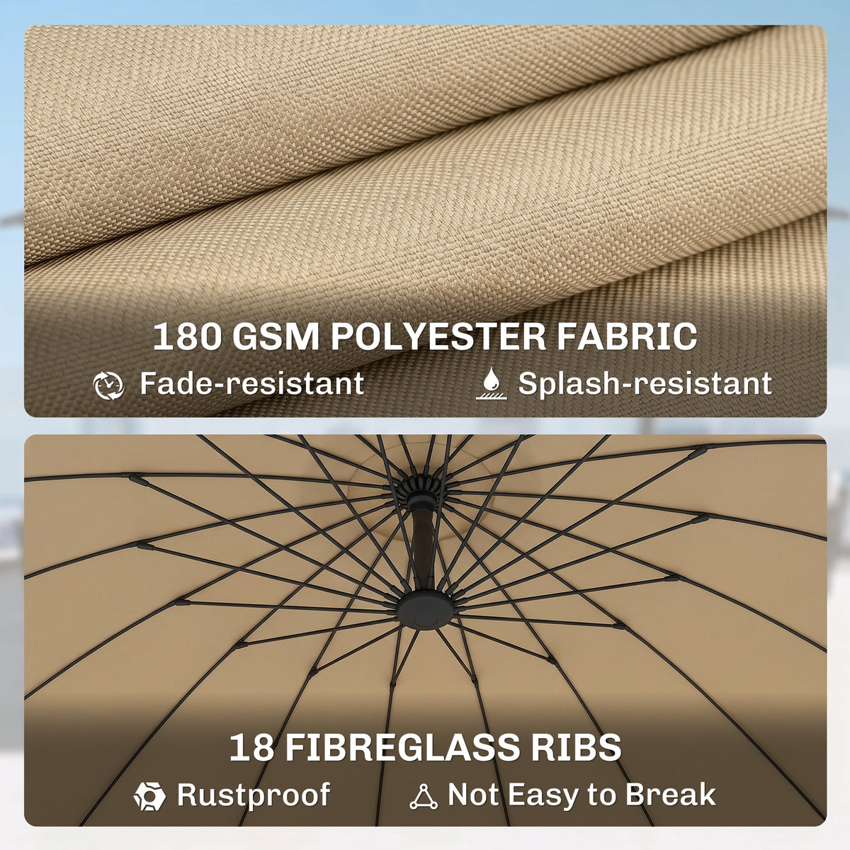 Outsunny umbrella's textured khaki polyester canopy and black fiberglass ribs