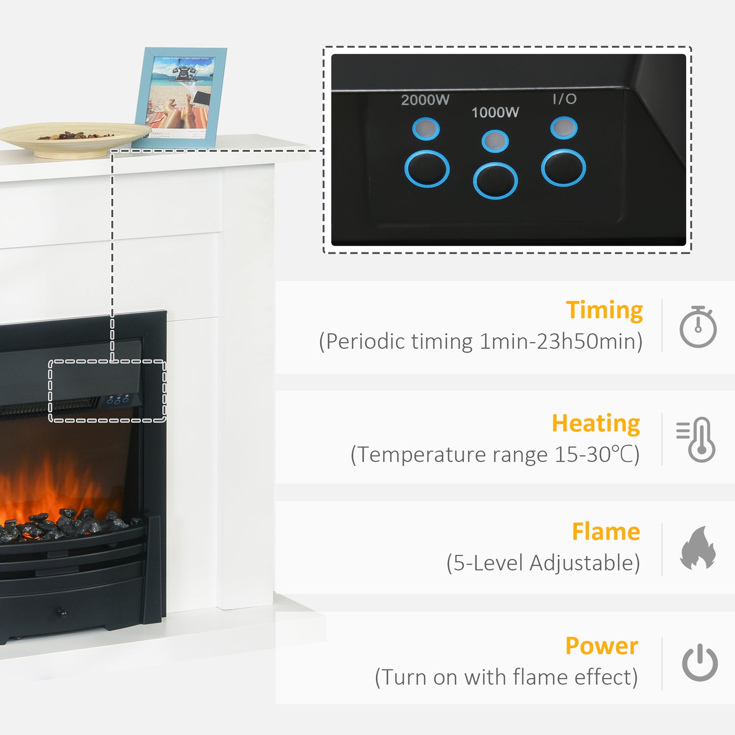 HOMCOM 40" Electric Firplace Suites & Mantelpiece w/LED Flames Remote Marble Stone Modern Curved Surround Intelligent Safe Tempered Glass Adjustable Thermal 1000W/2000W