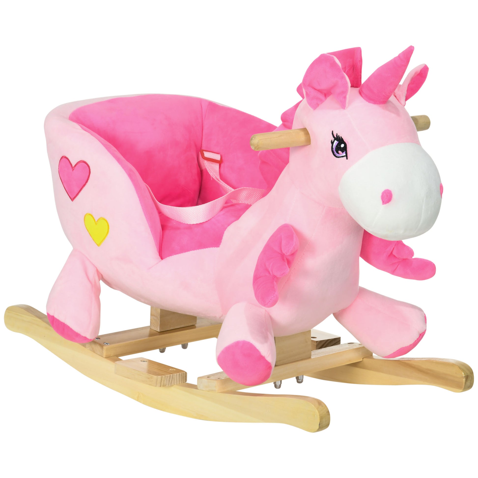 Photo of HOMCOM Kids Rocking Horse Ride on Unicorn with Songs, Wooden Base, Seatbelt, for Ages 18-36 Months, Pink in Pink colour on a white background