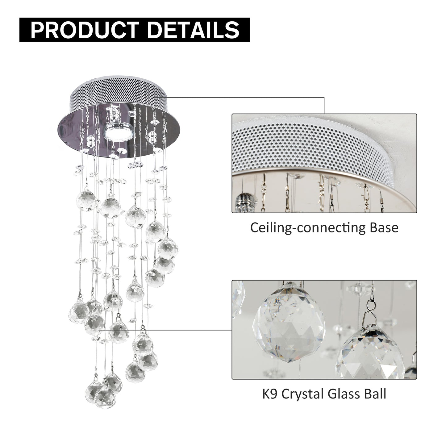 HOMCOM Metal Crystal Ceiling Light Chandelier Elegant Pendant Lamp Living Room Stairway Spiral Rain Drop Pendant Lamp Silver