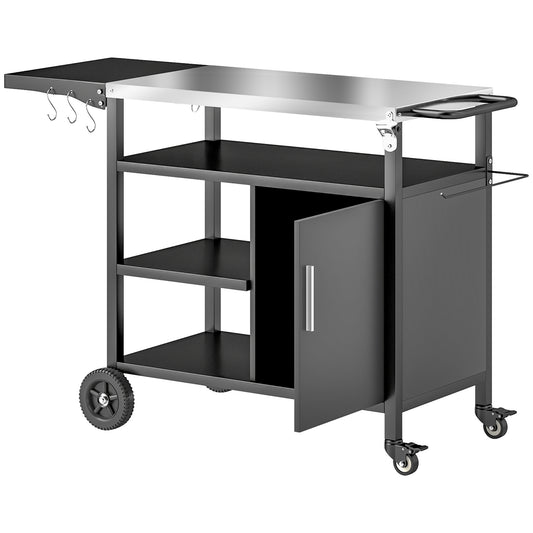 Photo of Outsunny Outdoor BBQ Trolley with Foldable Side Table, Stainless Steel Top, Outdoor Kitchen with Wheels Hooks Shelves Cabinet, Pizza Oven Table Movable Barbecue Grill Dining Cart with Cover, Black in Black colour on a white background