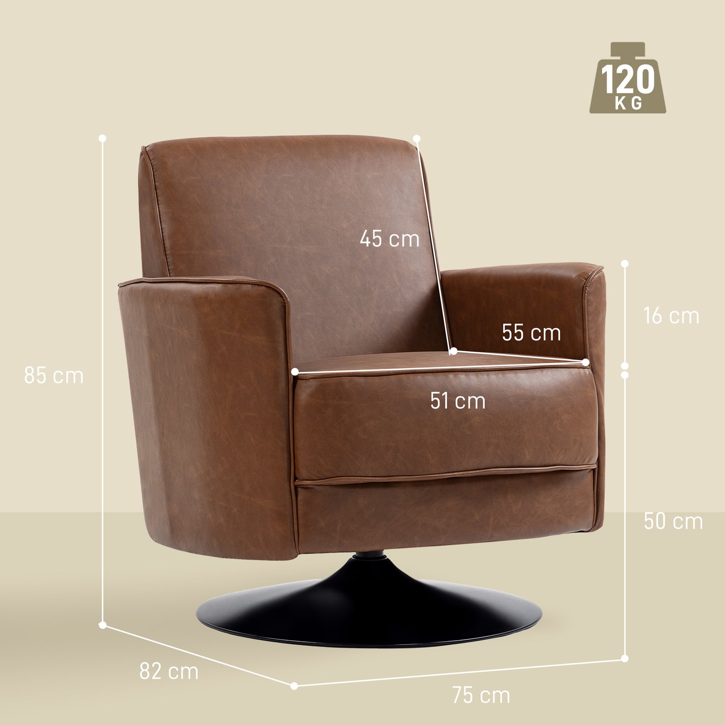 HOMCOM Upholstered Swivel Accent Chair with Pocket Spring Seat Support and 20cm Thick Padding, Brown