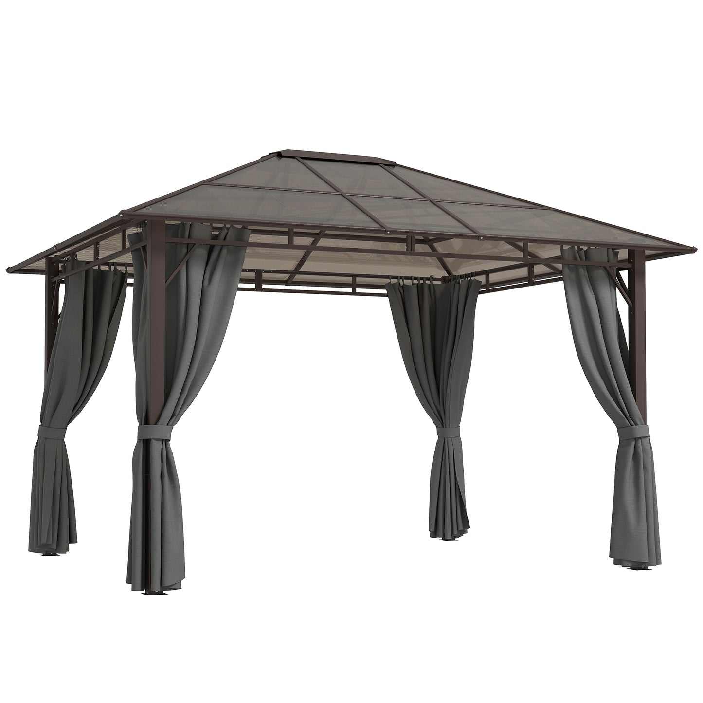 Photo of Outsunny 3 x 3.6m Hardtop Gazebo Canopy with Polycarbonate Roof Garden Pavilion with Removable Curtains and Steel Frame, Dark Grey in Grey colour on a white background