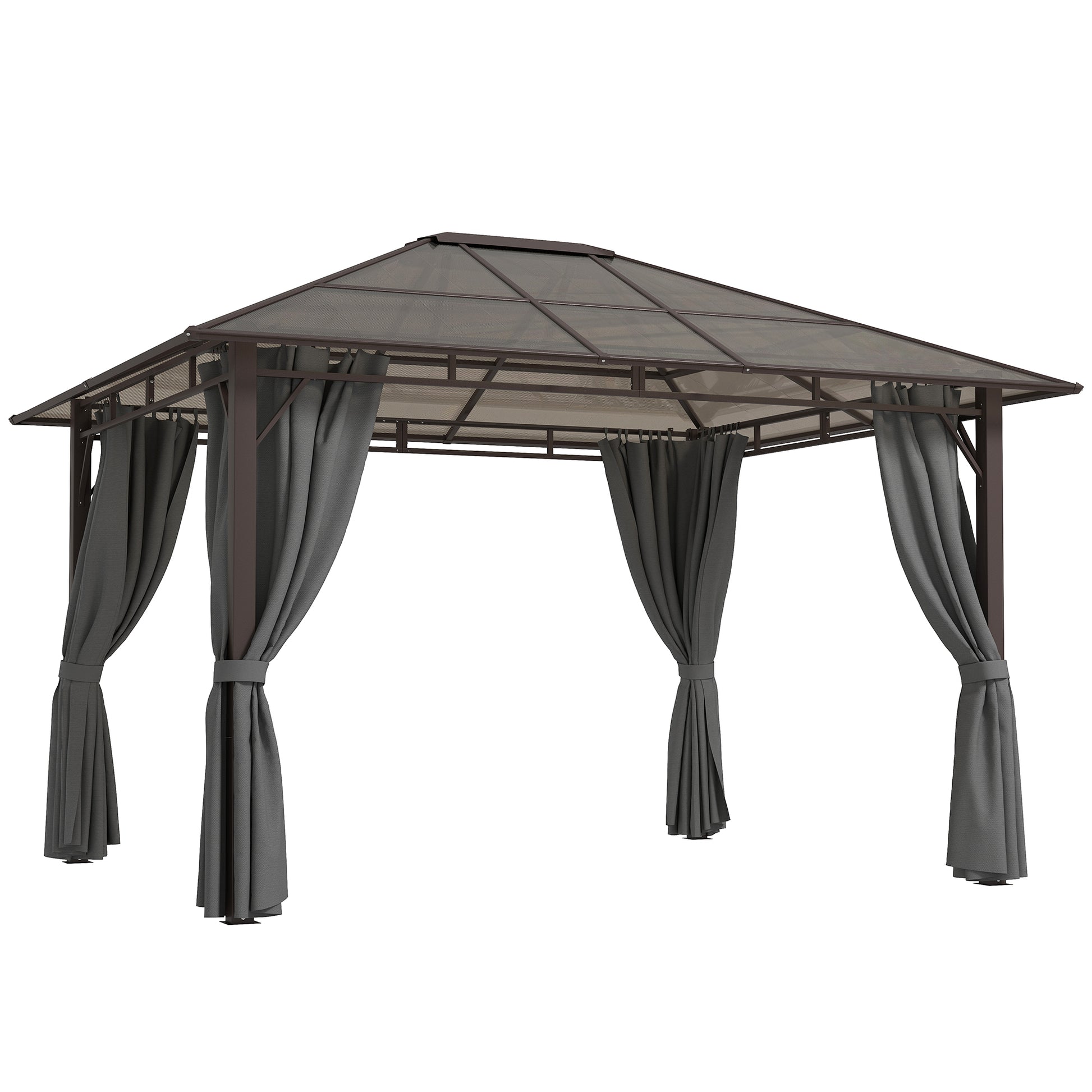 Photo of Outsunny 3 x 3.6m Hardtop Gazebo Canopy with Polycarbonate Roof Garden Pavilion with Removable Curtains and Steel Frame, Dark Grey in Grey colour on a white background
