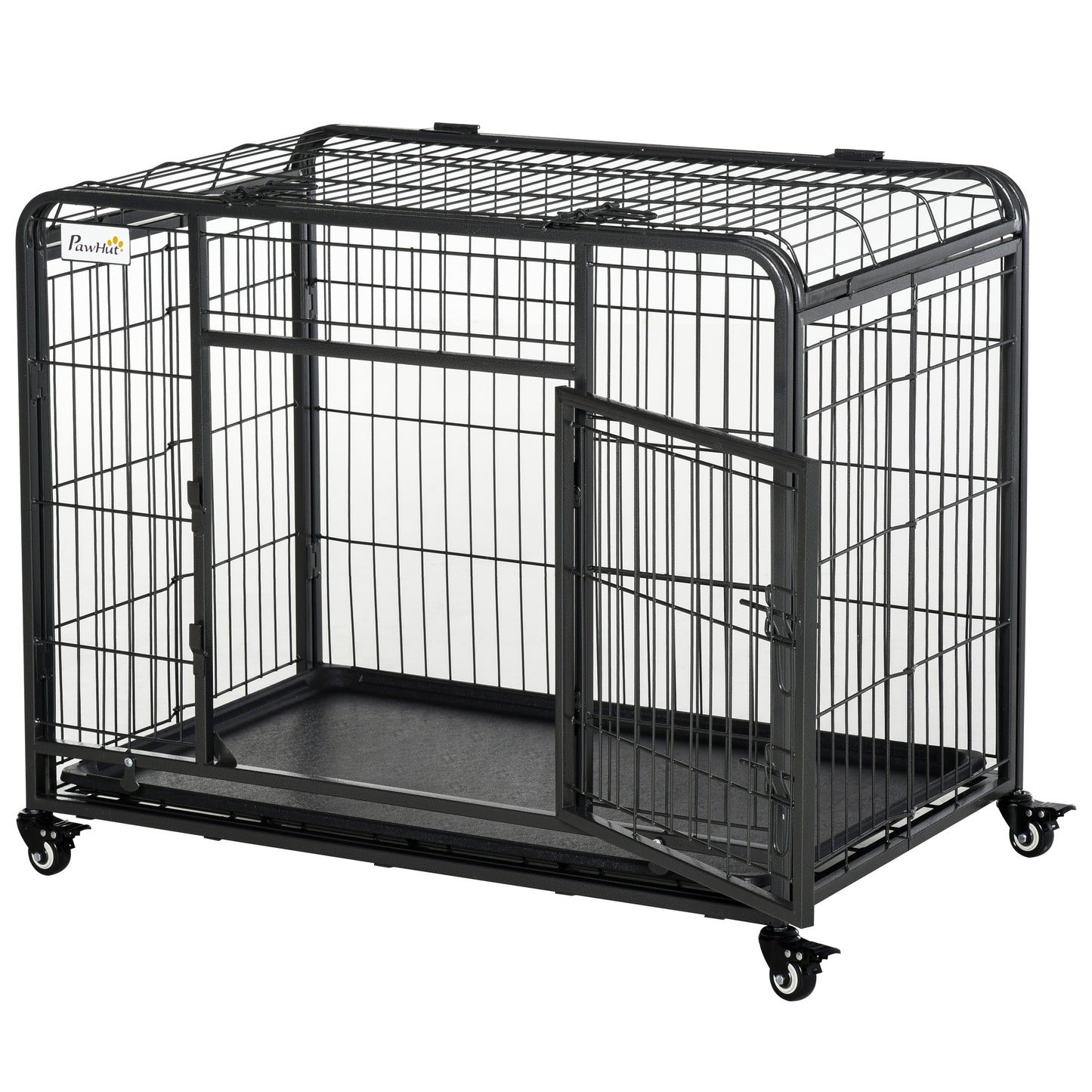 Photo of PawHut Metal Dog Cage Kennel Locking Door & Wheels Removable Tray Openable Top For Medium Pets 94 x 58 x 69.5 cm in cm colour on a white background