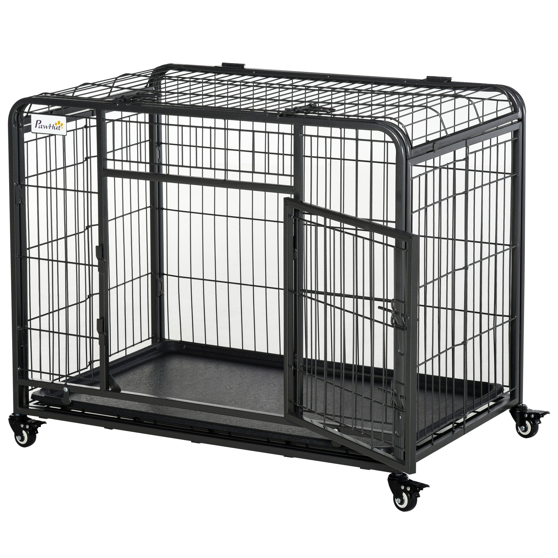 Photo of PawHut Metal Dog Cage Kennel Locking Door & Wheels Removable Tray Openable Top For Medium Pets 94 x 58 x 69.5 cm in cm colour on a white background