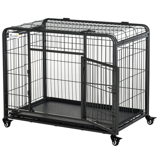 Photo of PawHut Metal Dog Cage Kennel Locking Door & Wheels Removable Tray Openable Top For Medium Pets 94 x 58 x 69.5 cm in cm colour on a white background