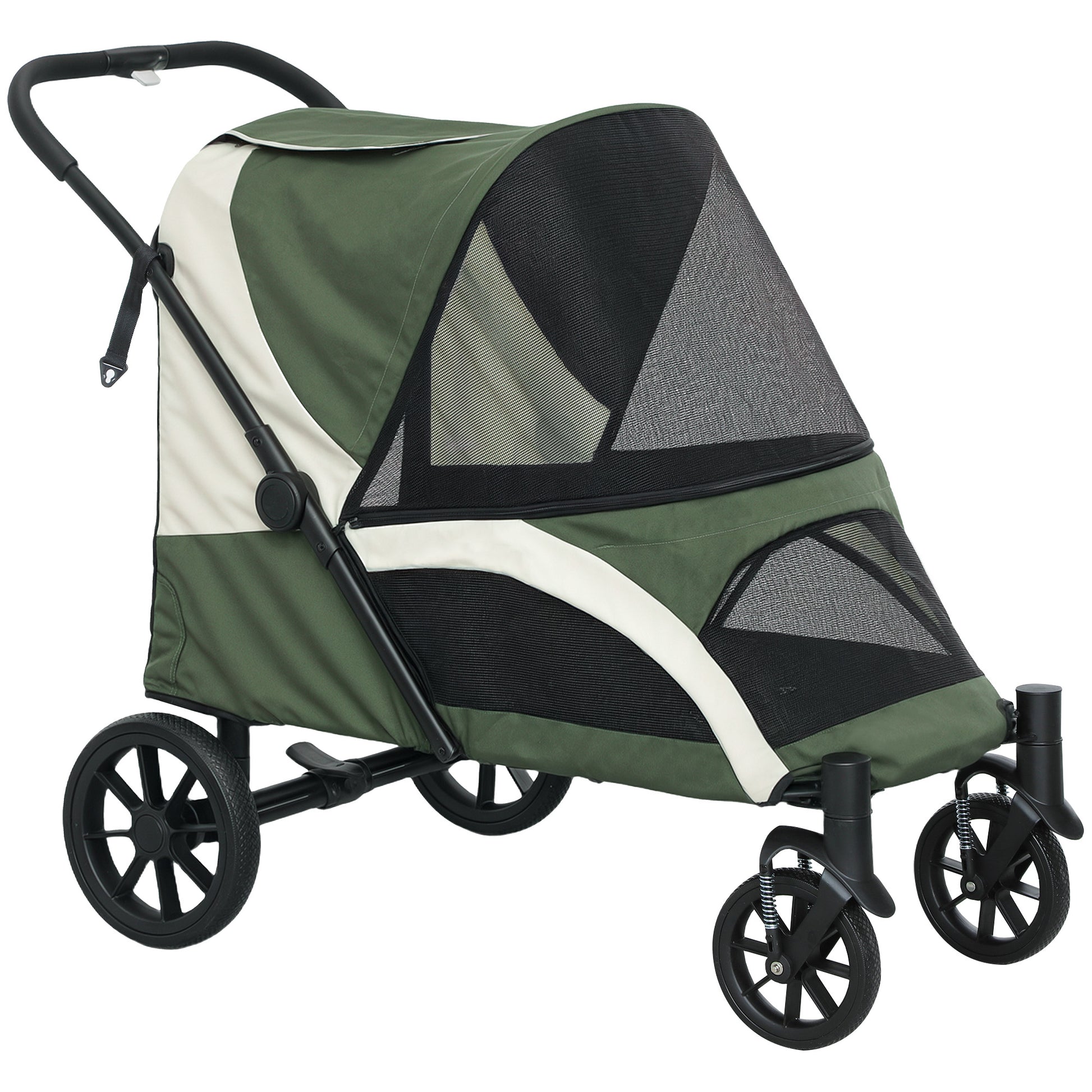 Photo of PawHut Foldable Pet Stroller for Large Dogs with Four Big Wheels, Shock-Absorbing Frame, Safety Leashes, Brakes, Dark Green in Green colour on a white background