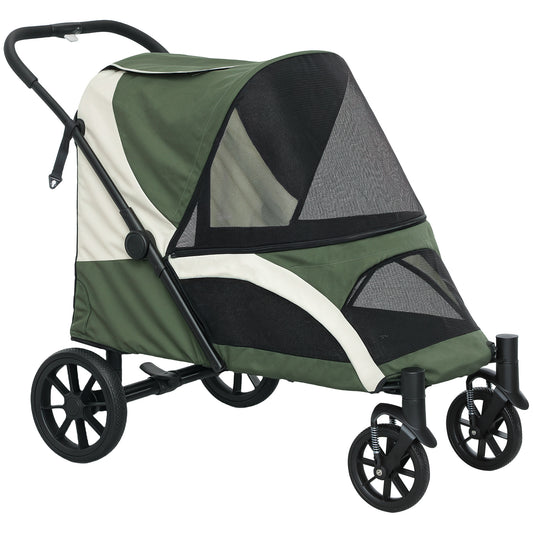 Photo of PawHut Foldable Pet Stroller for Large Dogs with Four Big Wheels, Shock-Absorbing Frame, Safety Leashes, Brakes, Dark Green in Green colour on a white background