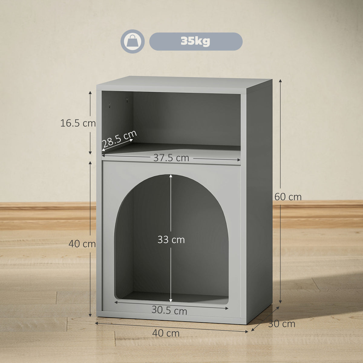 Grey bedside table with arched storage opening and dimensions of 40 by 30 by 60 cm