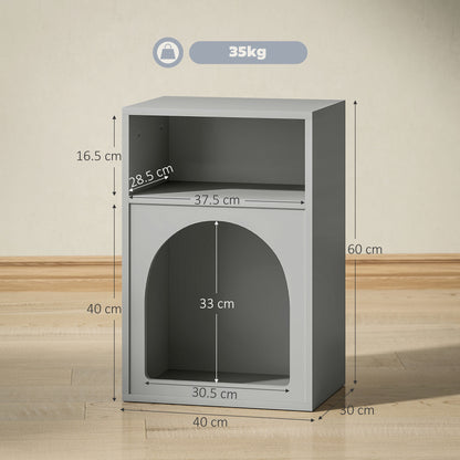Grey bedside table with arched storage opening and dimensions of 40 by 30 by 60 cm