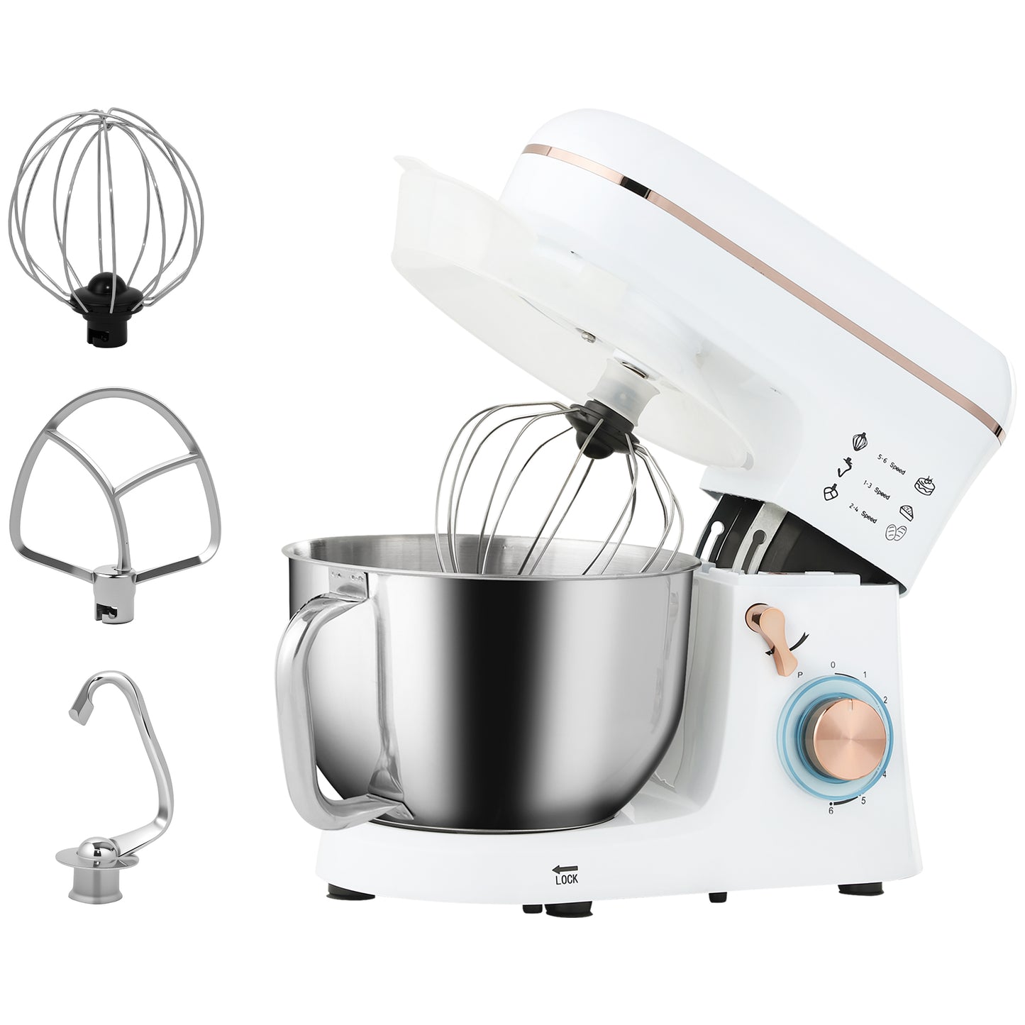 Photo of HOMCOM Stand Mixer, 5L Food Mixer for Baking, 6 Speeds and Pulse Setting, 1400W Cake Electric Kitchen Mixer with Dough Hook, Whisk, Stainless Steel Bowl, Splash Guard, Beater, White in White colour on a white background
