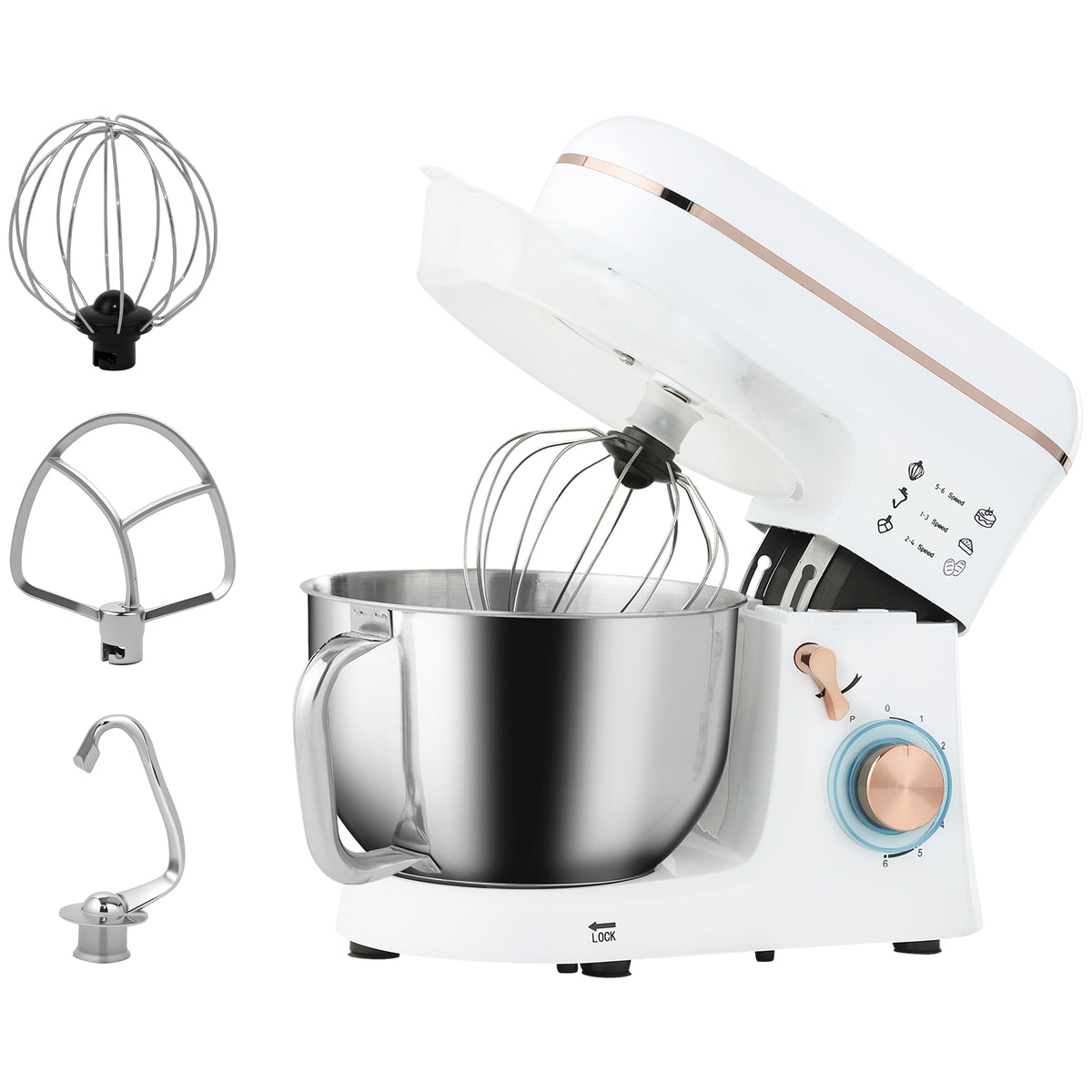 Photo of HOMCOM Stand Mixer, 5L Food Mixer for Baking, 6 Speeds and Pulse Setting, 1400W Cake Electric Kitchen Mixer with Dough Hook, Whisk, Stainless Steel Bowl, Splash Guard, Beater, White in White colour on a white background