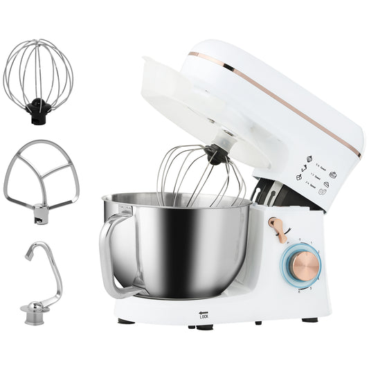 Photo of HOMCOM Stand Mixer, 5L Food Mixer for Baking, 6 Speeds and Pulse Setting, 1400W Cake Electric Kitchen Mixer with Dough Hook, Whisk, Stainless Steel Bowl, Splash Guard, Beater, White in White colour on a white background