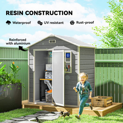 Grey resin garden shed with open door, wood-effect panels and reinforced frame