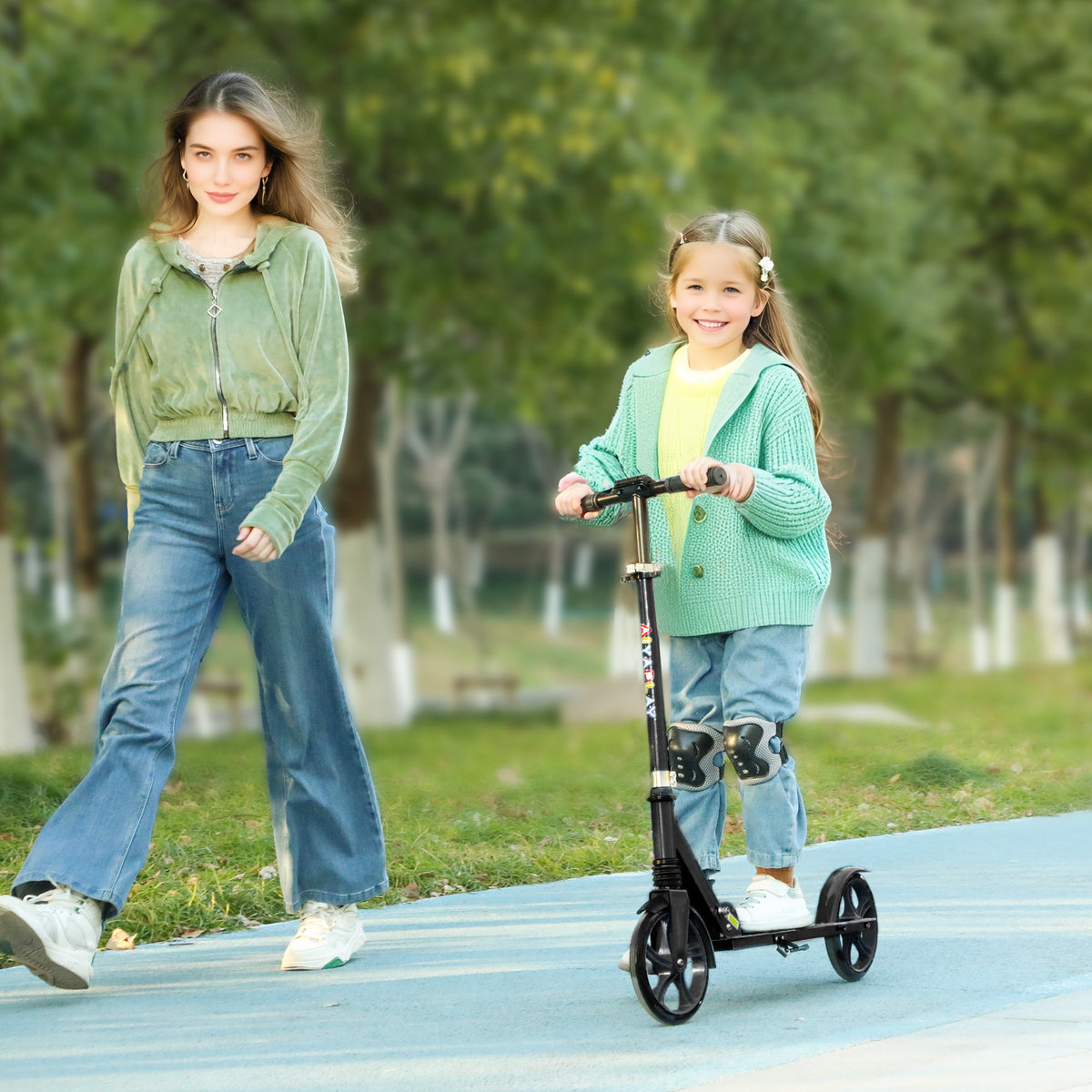 AIYAPLAY Foldable Kids Scooter with Adjustable Handlebar, 200mm Big Wheel, Rear Fender Brake, for Ages 6-12 Years, Black