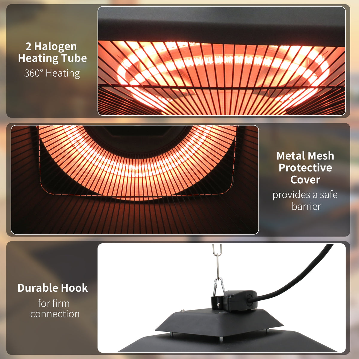 Patio heater details showing halogen tubes, protective metal mesh, and hanging hook