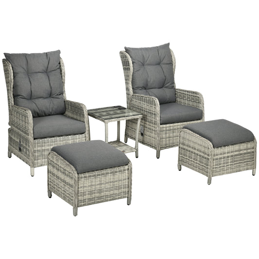 Photo of Outsunny 5 Pieces Rattan Bistro Set with Adjustable Back, Reclining Wicker Balcony Furniture with Cushions, Glass Top Coffee Table and Footstools, Outdoor Table and Chairs, Grey in Grey colour on a white background