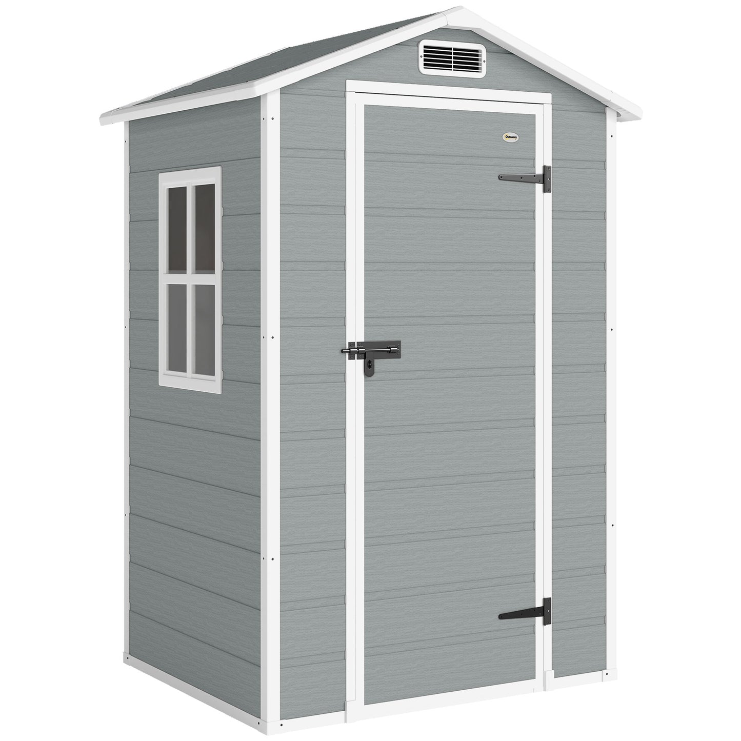 Photo of Outsunny 4 x 3 ft Plastic Garden Shed with Floor, Outdoor Storage Shed with Lockable Door, Window and Vent, Light Grey in Grey colour on a white background