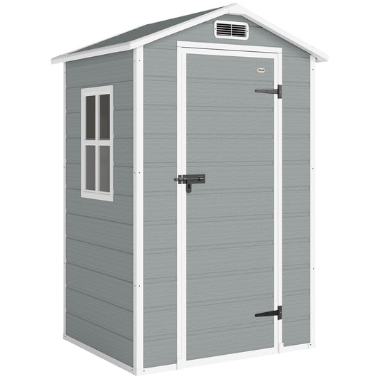 Photo of Outsunny 4 x 3 ft Plastic Garden Shed with Floor, Outdoor Storage Shed with Lockable Door, Window and Vent, Light Grey in Grey colour on a white background