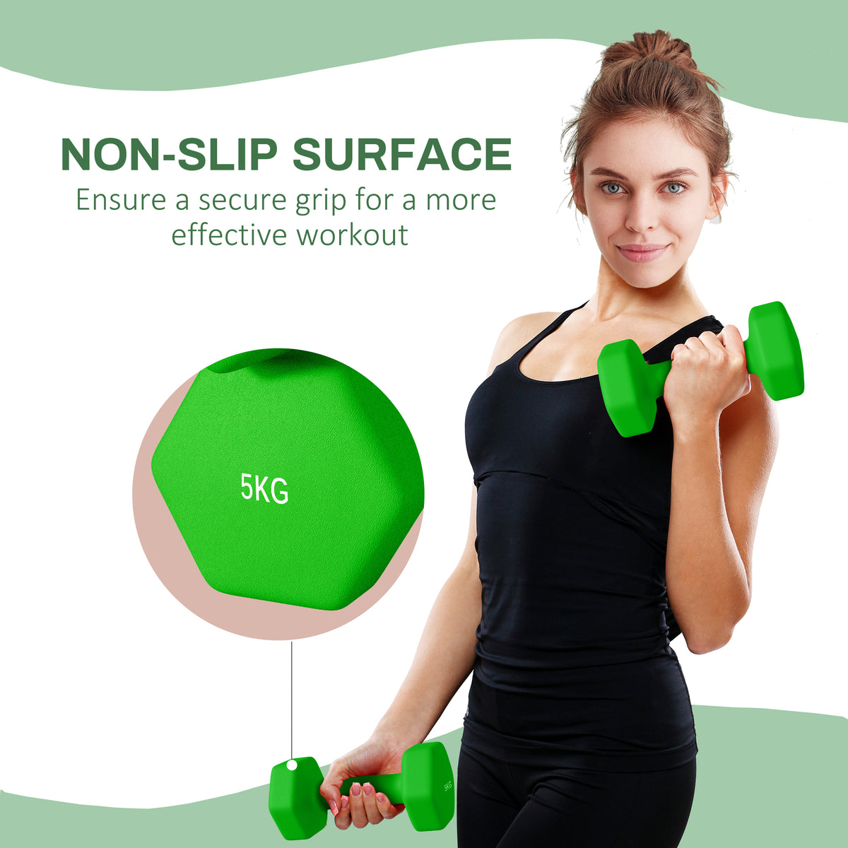 Green 5 kg hex dumbbell with textured, non-slip coating